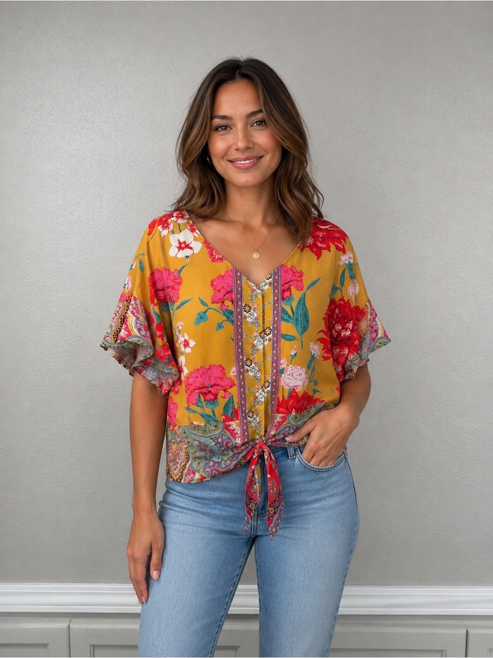 Umgee Floral Tie-Front Boho Blouse in Mustard